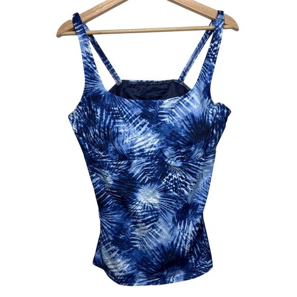 Lands’ End Tankini Square Neck Swimsuit Top Sz 16 Blue Palm UPF 50 Soft Cups - Picture 1 of 11